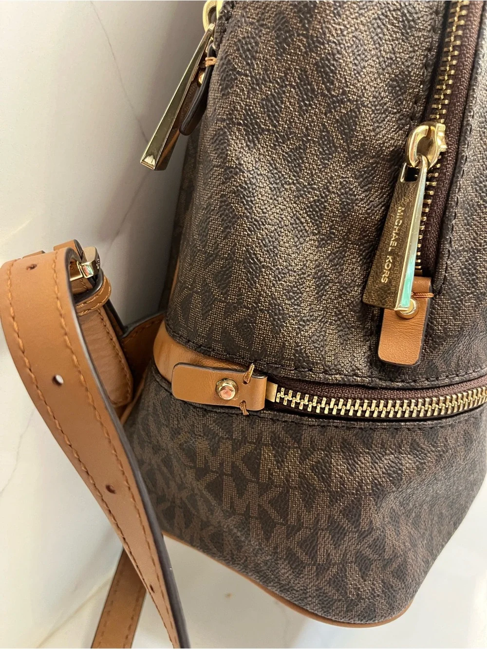 Michael Kors Brown MK Signature Logo Backpack Tan Gold Hardware